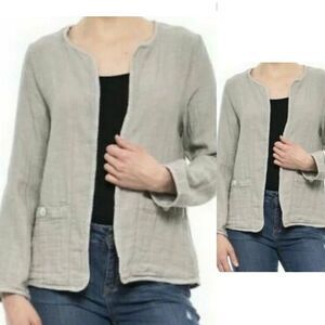 Tahari cotton linen patch pocket lagenlook collarless blazer (unstructured)